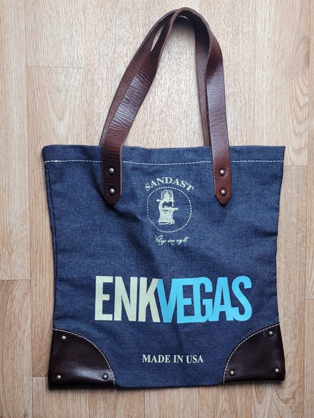 Sandast ENKVEGAS Tote Bag Blue Denim Brown Leather Made USA